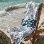 Toalla de playa personalizada con nombre Toile de Jouy Ocean Art Quick Dry Oversize Beach Towel Summer Vacation Beach Party Essentials Birthday Gift for Friend Family