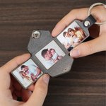 Personalized 3 Family Photos Album PU Leather Keychain with Engraved Text Birthday Father's Day Anniversary Gift for Dad Husband