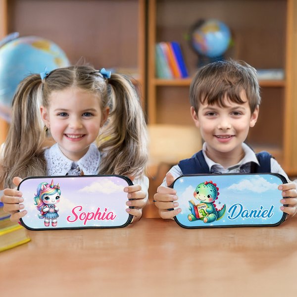 Personalised Fantasy Unicorn Dinosaur Double-Layer Oxford Pencil Case with Name and Zipper School Supply Birthday Back to School Gift for Students