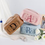 Personalized Floral Initial Wide Opening PU Leather Makeup Bag with Name Travel Essentials Birthday Anniversary Gift for Women