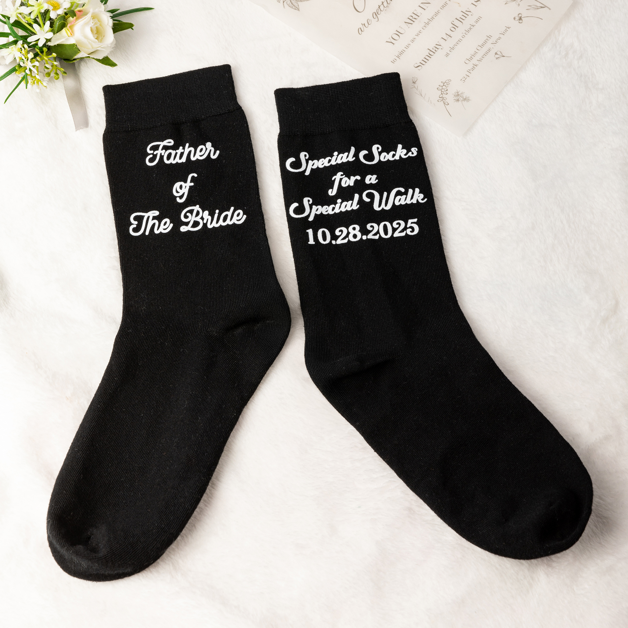 Chaussettes de mariage personnalisées 100% coton avec date et texte Cadeau de mariage de fiançailles pour le père de la mariée beau-père