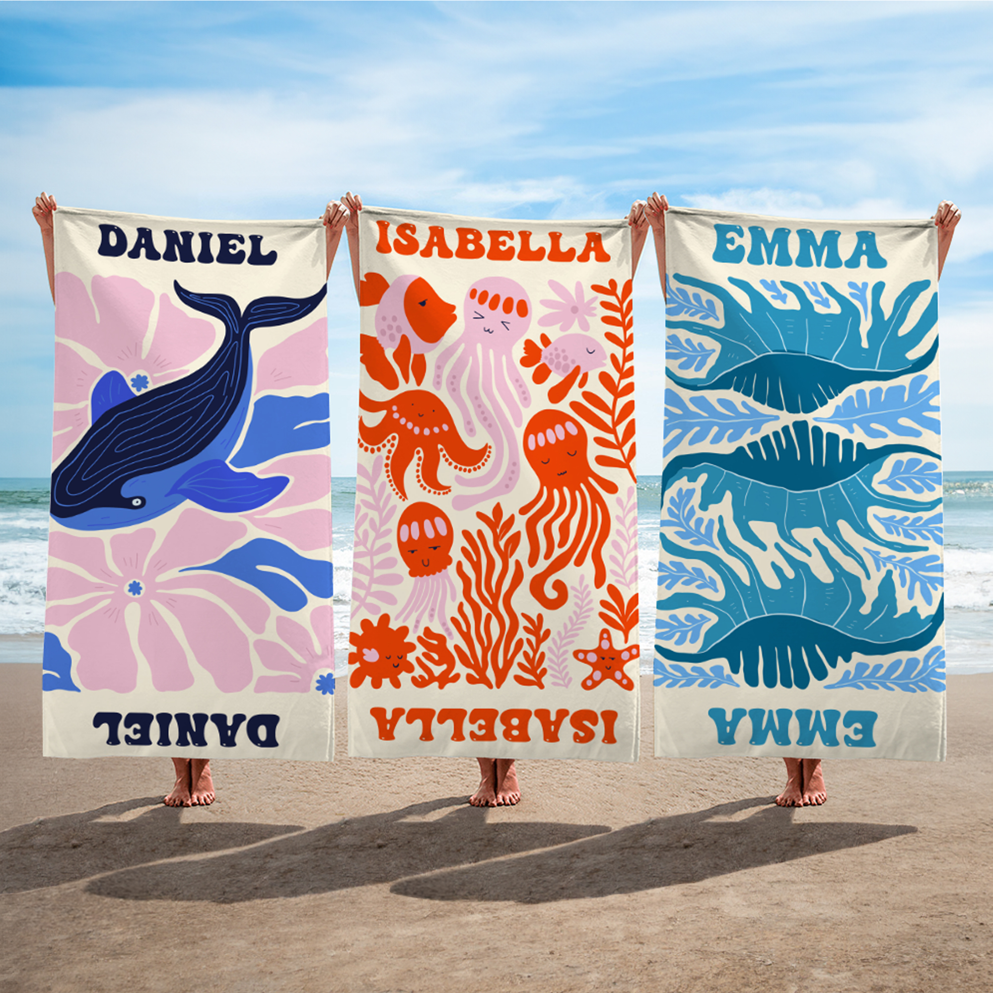 Serviette de Plage Personalisée avec Nom et Motif d'Organisme Marin Poisson Thème Aventure Océanique Cadeau Anniversaire Estival pour Amis Famille