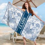 Toalla de playa personalizada con nombre Toile de Jouy Ocean Art Quick Dry Oversize Beach Towel Summer Vacation Beach Party Essentials Birthday Gift for Friend Family