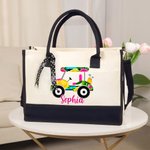 Personalized Colorful Golf Cart Golf Bag Large Canvas Tote Bag with Name Daily Travel Work Essentials Birthday Gift for Women Golf Lovers