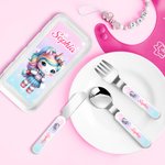 Personalizzato Carino Dinosauro Fantasia Unicorno Sicuro Acciaio Inox Bambino Forchetta Cucchiaio Coltello Set di posate 3 pezzi con custodia e nome Regalo di compleanno per bambini