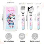 Personalizzato Carino Dinosauro Fantasia Unicorno Sicuro Acciaio Inox Bambino Forchetta Cucchiaio Coltello Set di posate 3 pezzi con custodia e nome Regalo di compleanno per bambini