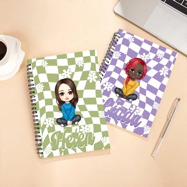 Personalized Cartoon Girl Plaid Flower Name A5 Spiral Notebook with 120 Lined Pages Back to School Birthday Gift for Girls