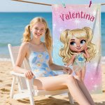 Toalla de playa personalizada con personaje de dibujos animados y nombre esencial para viajes regalo ideal de fiesta en la playa para niñas y mujeres