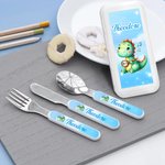 Personalizzato Carino Dinosauro Fantasia Unicorno Sicuro Acciaio Inox Bambino Forchetta Cucchiaio Coltello Set di posate 3 pezzi con custodia e nome Regalo di compleanno per bambini