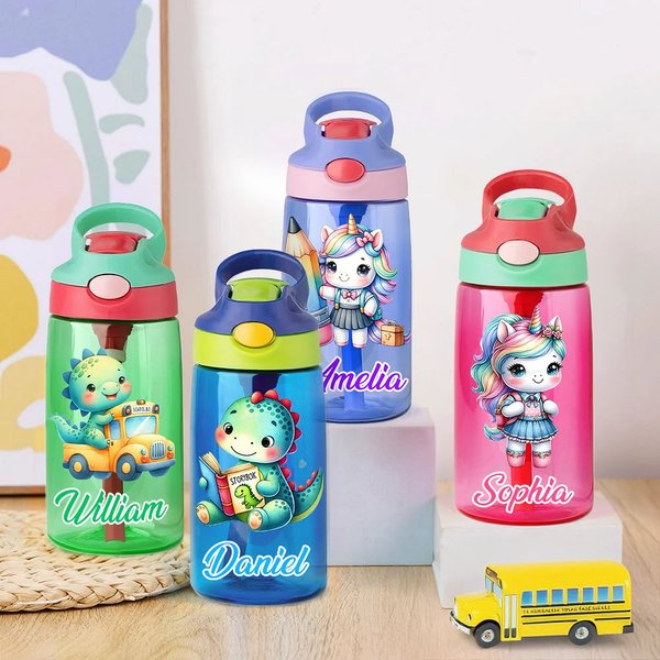 Personalisierte Fantasy Einhorn Dinosaurier 16 oz Wasserflasche mit Silikon-Stroh und Griff zurück zu Schule Geburtstag Urlaub Geschenk für Jungen Mädchen