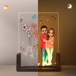 Nacimiento Personalizado Flor Caricatura Abrazo Pareja LED Luz de Noche con Base de Madera Decoración del Hogar Regalo de San Valentín para Pareja
