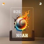 Personalised Flame Baseball Basketball Sports Ball LED Night Light with Name Number and Wooden Base Bedroom Decor Birthday Gift for Kids Sports Lovers