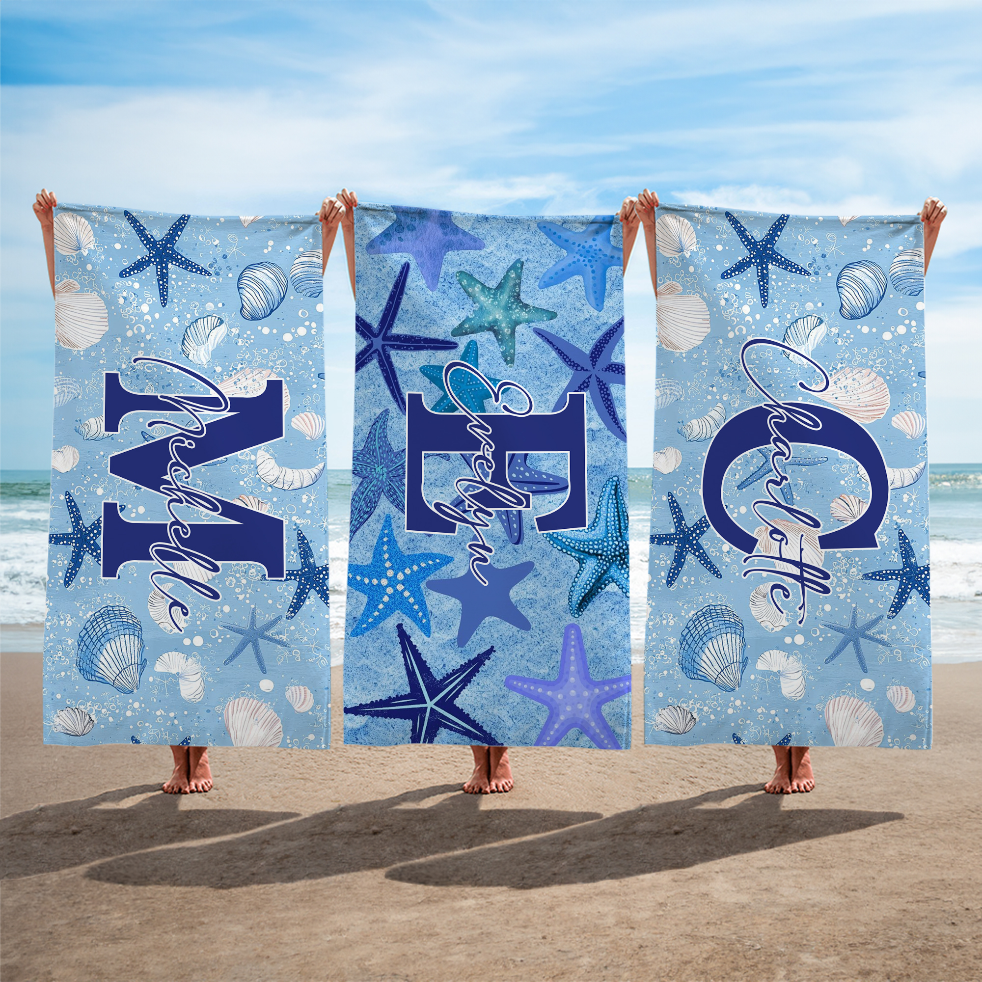 Serviette de plage surdimensionnée avec nom et initiale Étoile de mer Feston Tie-Dye Quick Dry Summer Essential Beach Birthday Gift for Family Friends