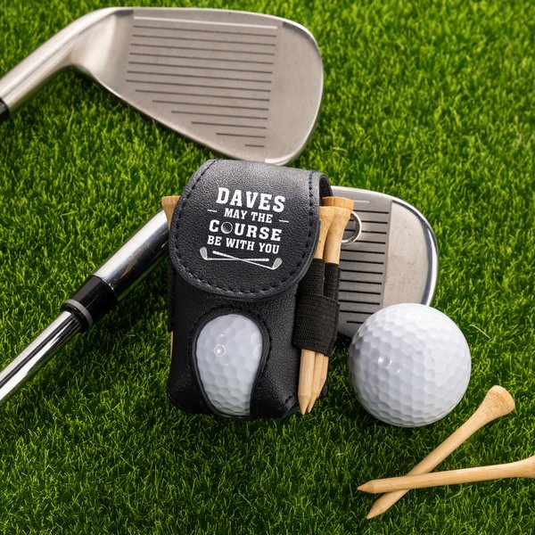 Personalised May the Course Be with You Golf Ball & Tee Holder PU Leather Pouch with Name and Belt Clip Sport Accessory Birthday Gift for Golf Lover