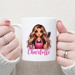 Personalised Scissors Hair Dryer Cartoon Barber Ceramic Coffee Mug with Name Salon Opening Anniversary Birthday Gift for Women Hairdresser