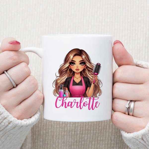 Personalised Scissors Hair Dryer Cartoon Barber Ceramic Coffee Mug with Name Salon Opening Anniversary Birthday Gift for Women Hairdresser