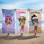 Toalla de playa personalizada con personaje de dibujos animados y nombre esencial para viajes regalo ideal de fiesta en la playa para niñas y mujeres