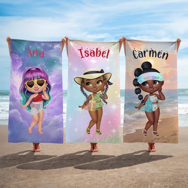 Toalla de playa personalizada con personaje de dibujos animados y nombre esencial para viajes regalo ideal de fiesta en la playa para niñas y mujeres