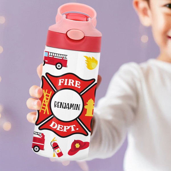 Botella de agua para niños de 12 oz personalizada con tema de lucha contra incendios, asa con nombre y pajita de silicona Regalo de cumpleaños de vuelta al cole para niños