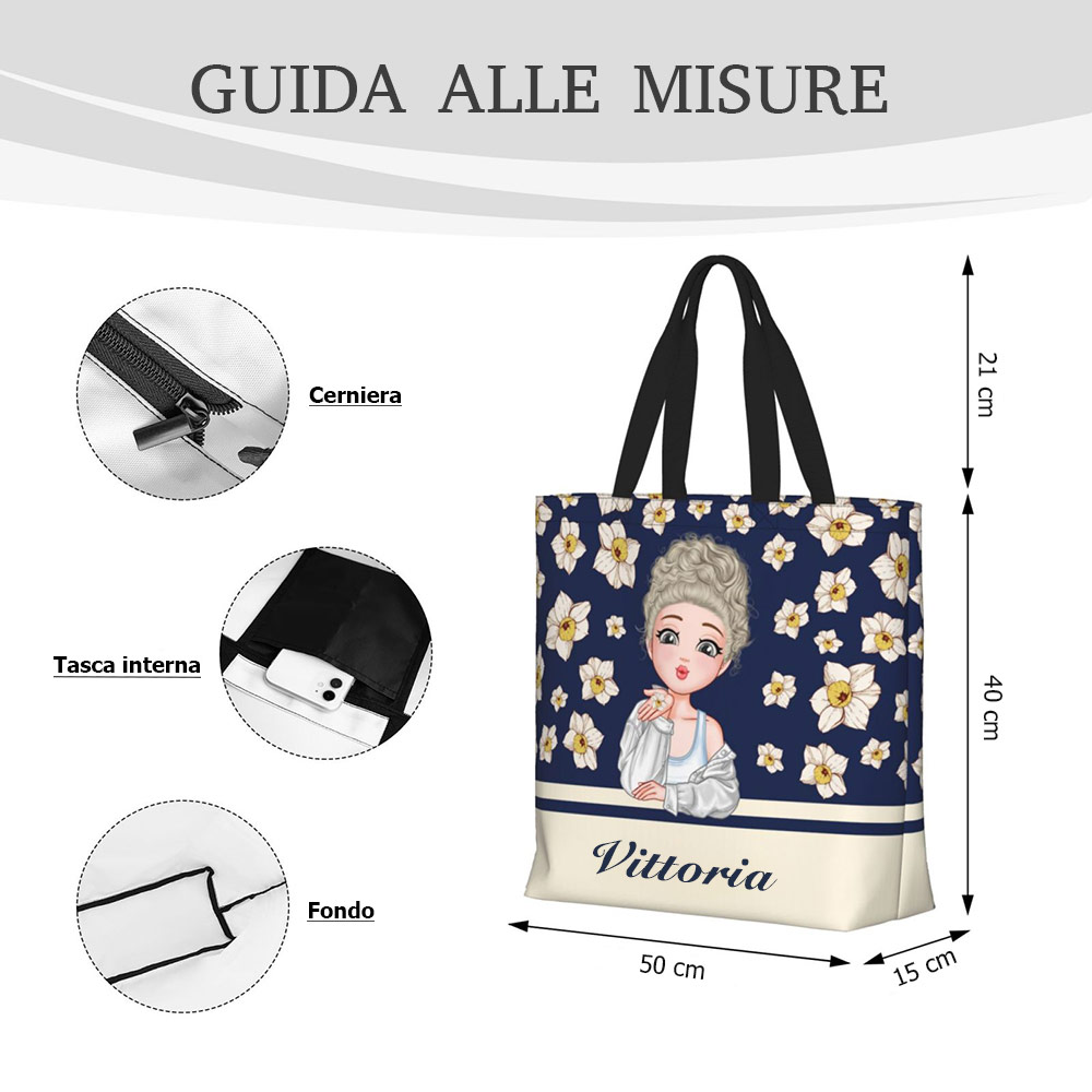 Borsa shopper in feltro grigio chiaro con motivo stampato | Stampata e personalizzata con fiori e monogramma | Regalo borsa shopping | Festa della mamma - Italia