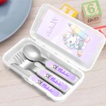 Personalizzato Carino Dinosauro Fantasia Unicorno Sicuro Acciaio Inox Bambino Forchetta Cucchiaio Coltello Set di posate 3 pezzi con custodia e nome Regalo di compleanno per bambini