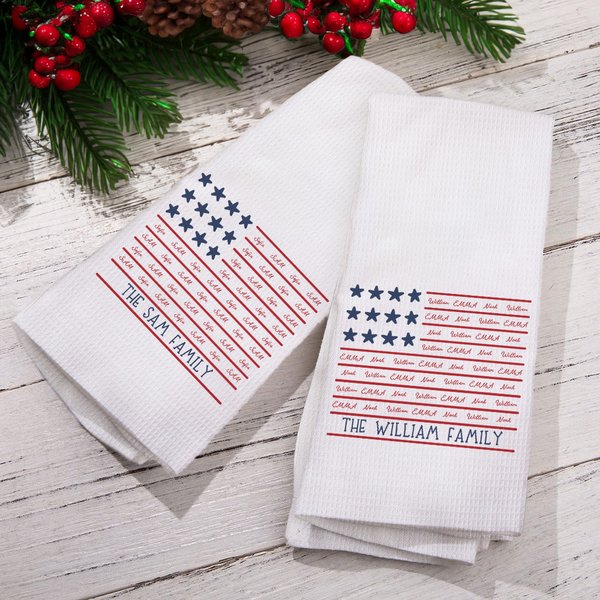Personalised 1-8 Family Names Flag Soft Waffle Tea Towel with Text Kitchen Decor Patriotic 4th of July Independence Day Gift for Family Friend