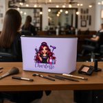 Personalisierte Multicolor Cartoon Friseurin wasserdichte Kosmetiktasche mit Namen und Reißverschluss Reise Essentials Geburtstag Geschenk für Frauen