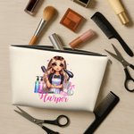 Personalisierte Multicolor Cartoon Friseurin wasserdichte Kosmetiktasche mit Namen und Reißverschluss Reise Essentials Geburtstag Geschenk für Frauen