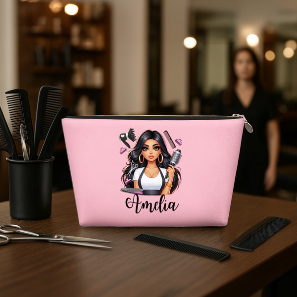 Personalized Multicolor Cartoon Female Hairdresser Waterproof Makeup Bag with Name and Zipper Travel Essentials Birthday Gift for Women