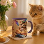 Personlig søt magisk katt 11 oz 15 oz keramisk krus med navn og underlegg Bursdagsgave til bursdagsjubileum for katteelskere Bokorm