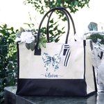 Personalizzato Toile De Jouy Blu Fiocco Nero e Bianco Impermeabile Grande Borsa Tote in Tela con Nome Compleanno Anniversario Regalo per Donne