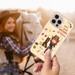 Personlig tecknad häst och cowgirl Telefonfodral för iPhone med namn Hästkapplöpning Födelsedagspresent för kvinnor Hästälskare