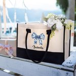 Personalizzato Toile De Jouy Blu Fiocco Nero e Bianco Impermeabile Grande Borsa Tote in Tela con Nome Compleanno Anniversario Regalo per Donne
