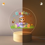 Pascua personalizado colorido Craked cáscara de huevo rota de dibujos animados Niño Niña Luz de noche LED con base de madera y el nombre de Pascua decoración de la habitación del partido de regalo par