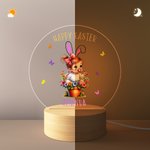 Personalized Cartoon Kid Character Rabbit Ears LED Night Light with Wooden Base and Name Easter Gift for Boys Girls