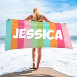 Asciugamano da spiaggia personalizzato con nome e righe colorate oversize asciugatura rapida regalo per viaggi e vacanze per famiglia e amici