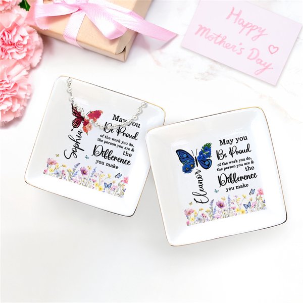 Henkilökohtainen Butterfly Syntymä Kukka Keraaminen Ring Dish Korut tarjotin nimi Äitienpäivä Syntymäpäivä Lahja naisille
