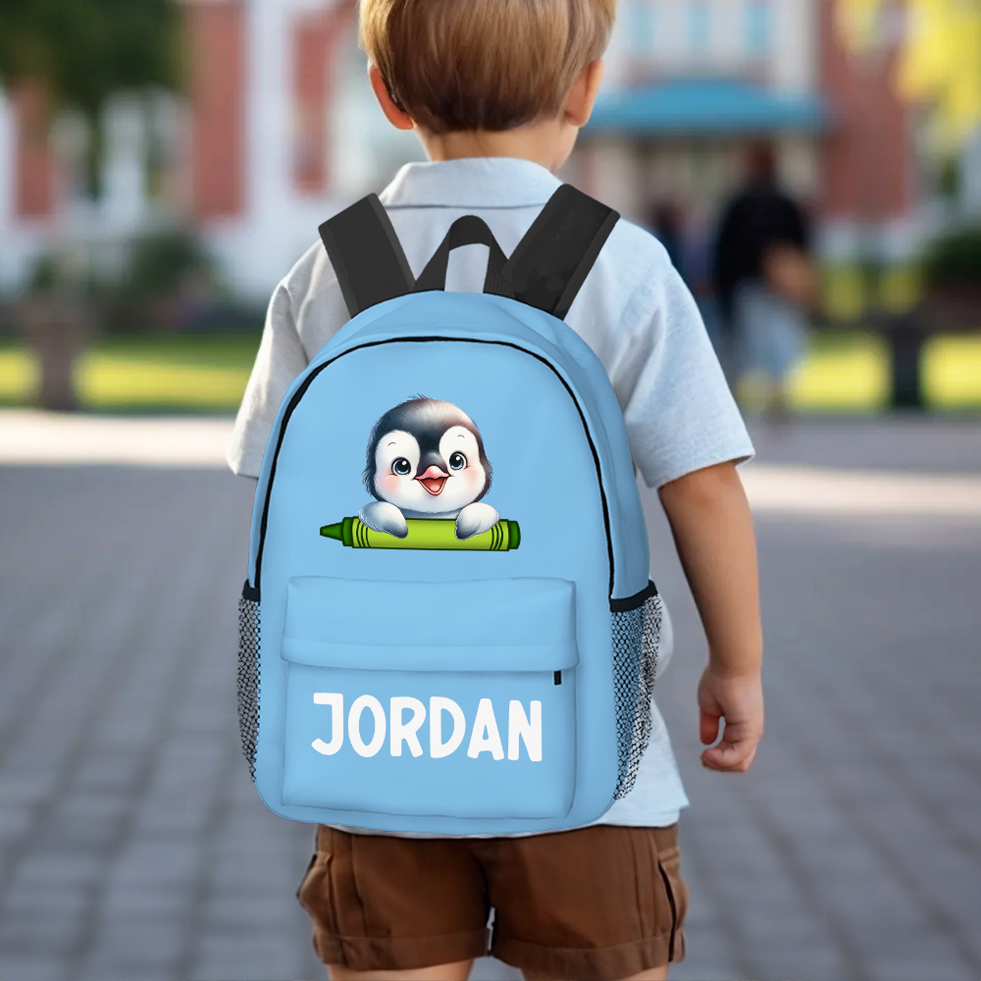 Sac à Dos Personnalisé avec Nom et Motif Animaux Pingouin Raton Laveur Design Fermeture Éclair et Poches Cadeau Rentrée pour Garçon Fille