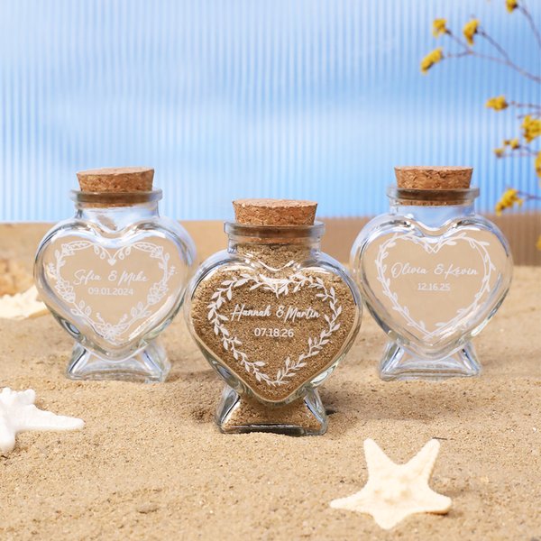 Personalized Love Heart Flowers Glass Memory Sand Jar Bottle with Name and Date Wedding Honeymoon Vacation Gift for Couples Bride Groom