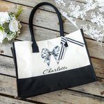 Personalizzato Toile De Jouy Blu Fiocco Nero e Bianco Impermeabile Grande Borsa Tote in Tela con Nome Compleanno Anniversario Regalo per Donne