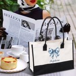 Personalizzato Toile De Jouy Blu Fiocco Nero e Bianco Impermeabile Grande Borsa Tote in Tela con Nome Compleanno Anniversario Regalo per Donne