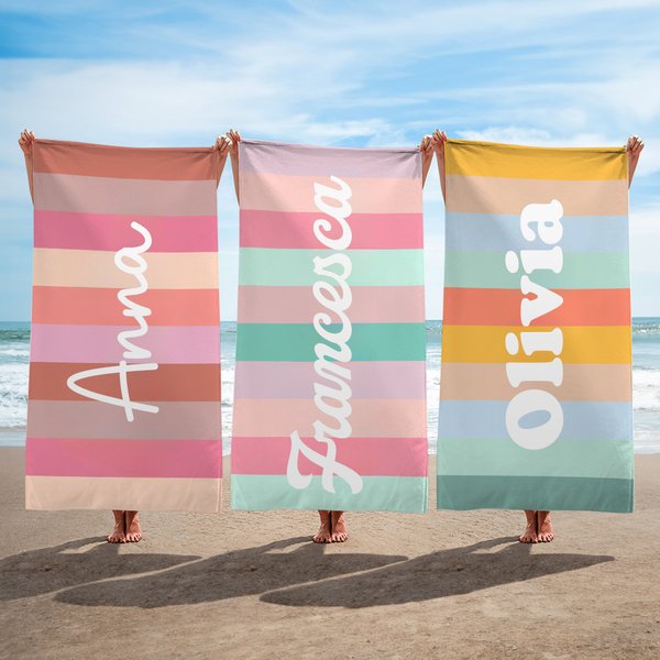 Asciugamano da spiaggia personalizzato con nome e righe colorate oversize asciugatura rapida regalo per viaggi e vacanze per famiglia e amici