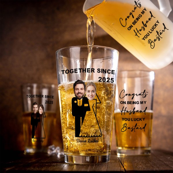 Personalised Congrats on Being My Husband Face Photo Beer Glass with Name and Year Wedding Valentine's Day Anniversary Gift for Groom Husband