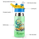 Personnalisé Cartoon Fantasy Unicorn and Dinosaur Name 12 oz Insulated Kid Water Bottle with Handle and Straw Back to School Gift for Boys Girls (Bouteille d'eau isotherme pour enfants avec poignée et