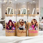 Personalised Stylish Cartoon Barber Name 20 oz Frosted Clear Glass Cup with Lid and Straw Salon Opening Birthday Gift for Hairdresser Friends
