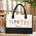 Personnalisé Aquarelle Coiffure Design 3 Fleurs de naissance Canvas Tote Bag avec Nom Anniversaire Appréciation Cadeau pour Stylistes Amoureux de la Coiffure