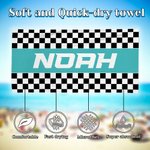 Toalla de playa de gran tamaño y secado rápido con bandera de carreras a cuadros personalizada con nombre Regalo de cumpleaños para los amantes de los deportes de motor el día del partido de vacacione