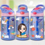 Personalised Crayon Cartoon Character 16 oz Water Bottle with Silicone Straw and Handle Back to School Birthday Holiday Gift for Boys Girls