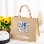 Personalizzato Toile De Jouy francese Retro Blu Fiocco Grande Borsa Tote in Juta con Nome Viaggio Essenziale Spiaggia Regalo di Compleanno per Donne