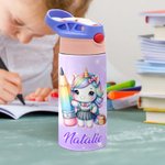 Personnalisé Cartoon Fantasy Unicorn and Dinosaur Name 12 oz Insulated Kid Water Bottle with Handle and Straw Back to School Gift for Boys Girls (Bouteille d'eau isotherme pour enfants avec poignée et